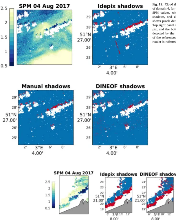 Fig. 12. Cloud shadow detection on the second zoom  of domain 4, for 4 August 2017. Top left panel shows  SPM  values,  with  low  values  (dark  blue)  due  to  shadows,  and  clouds  in  white