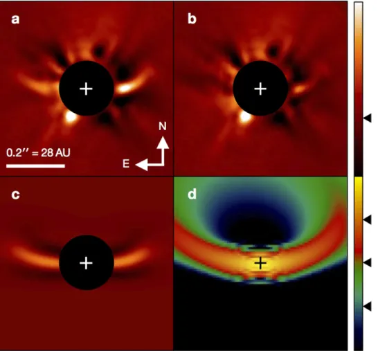 Figure 2. Result of the model ﬁtting of an eccentric ring with the GRATER code. The location of the central binary is marked with a plus sign in each panel