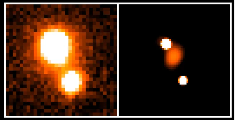 Fig. 2. Left: A J band image of HE 1104–1805 obtained with 2.2m ESO/MPI telescope. The field is 8.8 00 and the total exposure time is 5040 sec.
