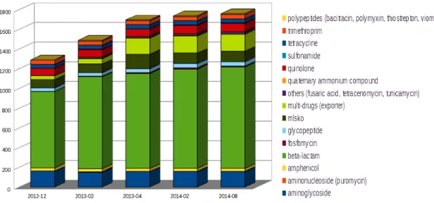 Figure 3.2 – Évolution quantitative de la BD MERGEM en nombre de gènes de résistances par classe d’antibiotique.