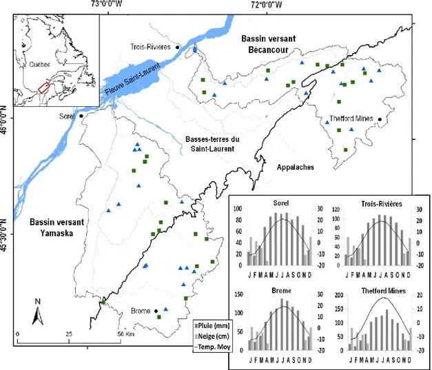 Figure  1  Localisation des 56  marécages  (carrés  verts,  isolés  ;  triangles bleus, riverains)  dans  les  bassins versants des rivières Bécancour et Yamaska, sud du Québec, Canada
