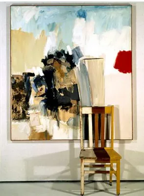Figure  4.  Pilgrim,  1960.  Huile,  crayon,  papier,  papier imprimé et tissu sur toile avec chaise en bois  peinte