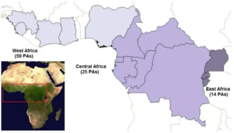 Figure 1. Regional distribution of the protected areas (PAs) in tropical Africa considered in the analyses
