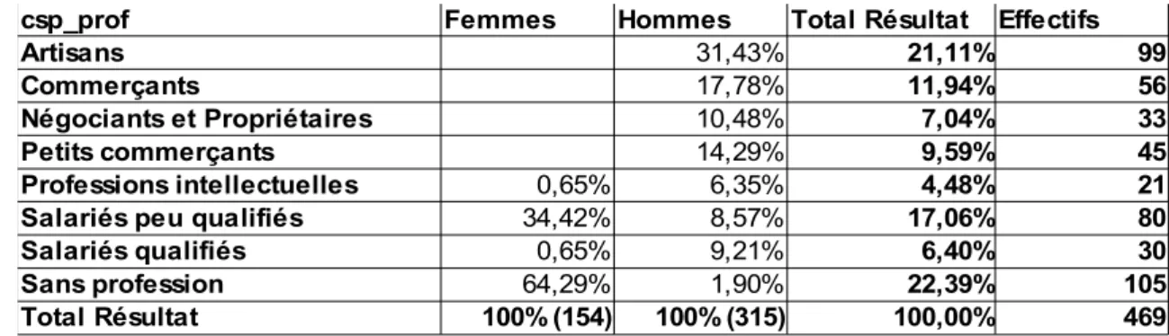 Tableau 10 : Catégorie professionnelle et sexe (1870-1912)