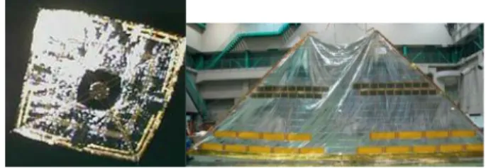 Fig. 2 :  Fully  deployed  solar  sail  picture  taken  by  the  self–operating  camera  released  by  IKAROS  (left)  and  one  of  the  four  petals  of  the  solar  sail  with  integrated  a-Si  solar  cells  in  the  centre  and  reflectance  control  