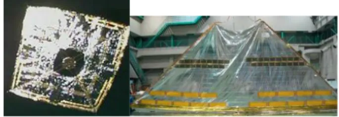 Fig. 2 :  Fully  deployed  solar  sail  picture  taken  by  the  self–operating  camera  released  by  IKAROS  (left)  and  one  of  the  four  petals  of  the  solar  sail  with  integrated  a-Si  solar  cells  in  the  centre  and  reflectance  control  