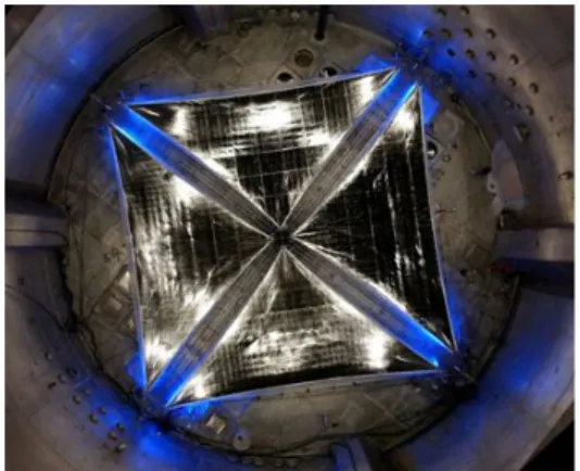Fig. 3 : Vacuum deployment of a 20m x 20m solar sail  made  of  CP1 TM   polyimide  and  CFRP  masts  in  the  NASA  30m  Plum  Brook  Facility  [100]  courtesy  of  NASA, SRS, ATK-Able 
