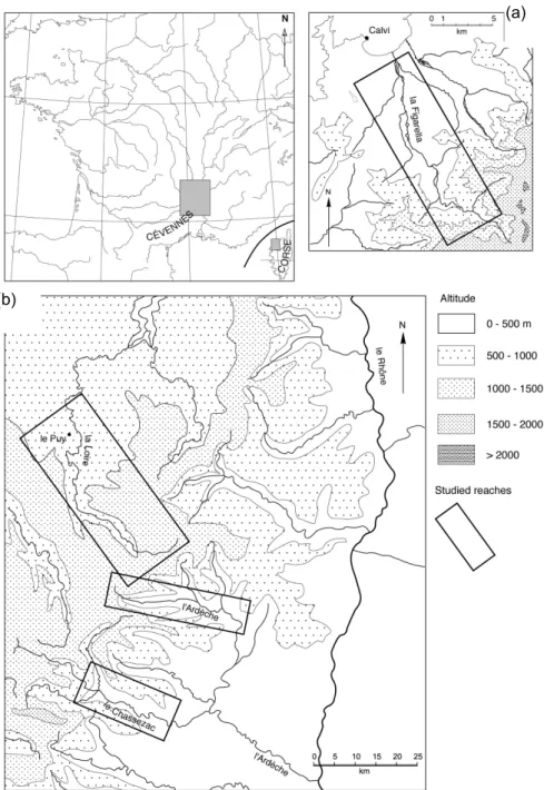 Fig. 1 Map showing (a) the Figarella River basin; (b) the Upper Loire, the Ardèche  and the Chassezac basins