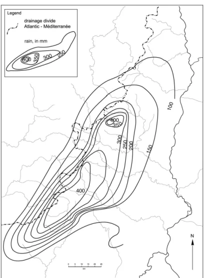 Fig. 2 Precipitation recorded between the 29th and the 30th of September 1958 on the  Cévennes
