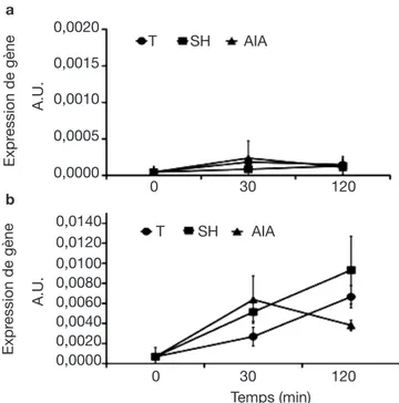 Figure 4. Effet des substances humiques (SH) et de l’ acide  indole-3-acétique ( AIA) sur l’expression des gènes AIA5  (a) et AIA19 (b) chez Arabidopsis thaliana en fonction du  temps de trempage dans l’eau (T), dans une solution de SH  à 1 mg de C.l -1  o