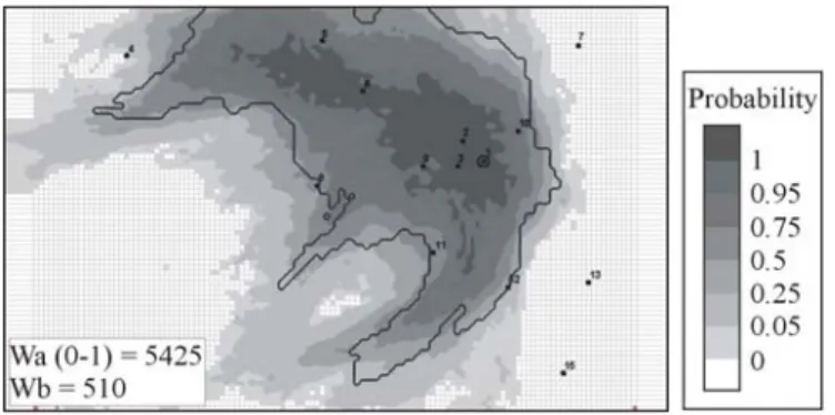 Fig. 5 Comparison of the  CaPD  determined by realizations conditioned on 15 hydraulic  conductivity values and 15 piezometric heads and the reference 20-day isochrone (black  line)