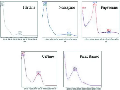 Figure 1 : Spectres caractéristiques de l’héroïne, de la noscapine, de la papavérine, de la caféine et du paracétamol retrouvés dans les échantillons analysés, obtenus après chromatographie liquide et détection en UV-visible (barrette de diodes).