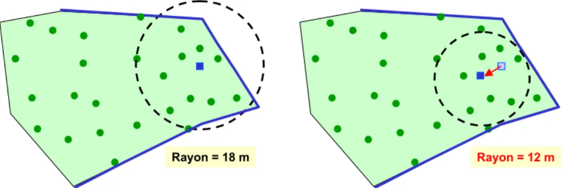 Figure 6. - Principe de déplacement d’une placette lorsque son centre est trop proche d’une limite de peuplement et  que l’espace n’est pas suffisant pour installer une demi-placette
