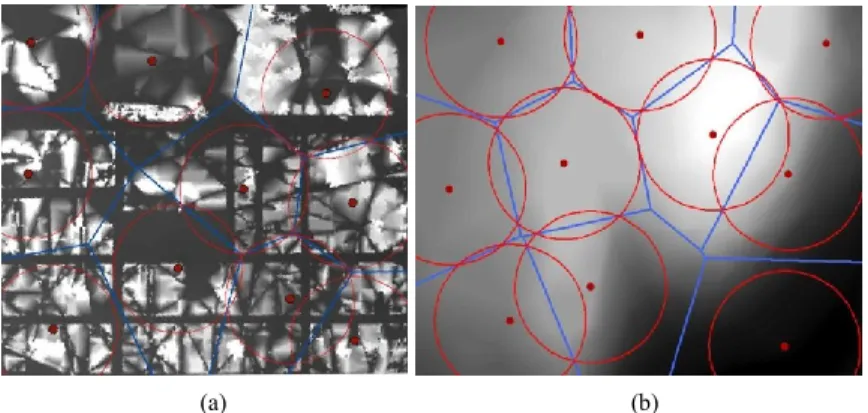 Figure 3.16: Sensor’s positions and their related sensing buffer and Voronoi cells in the initial deployment: 