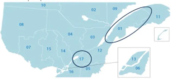 Figure 2.1 Carte des régions agricoles du Québec. Région 01 : Bas-Saint-Laurent,  BSL; région 17 : Centre-du-Québec, CDQ