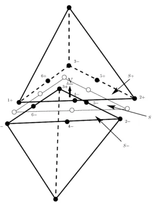 Figure 2.3: Schematics of a GB element. Two tetrahedra belonging to two adjacent crystals separated by an interface element at the GB: S+ and S− are respectively the facets corresponding to the tetrahedra on the positive and negative sides, as defined by t