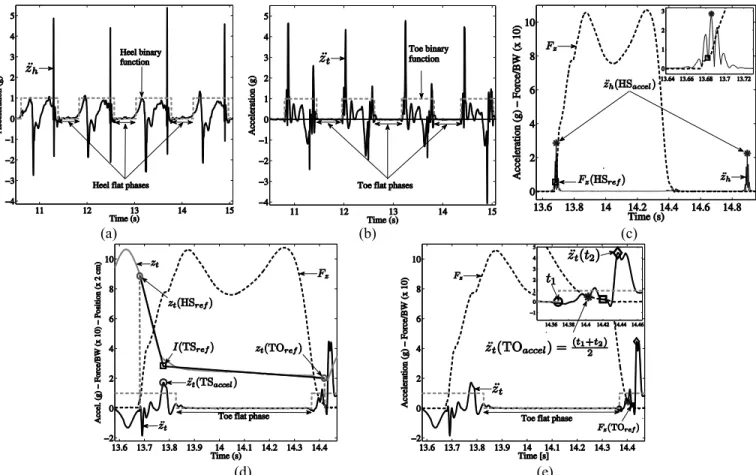 Fig. 2.  Segmentation of heel (a) and toe (b) acceleration signals providing the definition of local accelerations and heel and toe flat phases with  the associated binary functions