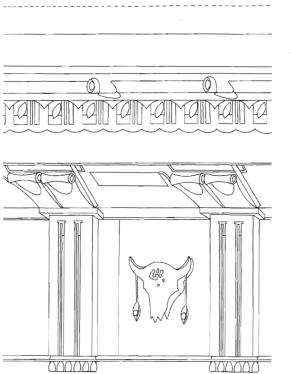 Fig.  11  Ostie.  Schola  du  Trajan:  la reconstitution  d'un  module  de la  frise  de  bucranes