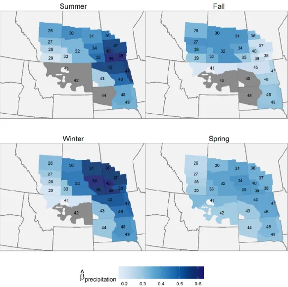 Figure  2.5  Geographical  variation  in  the  predicted  effect  of  seasonal  precipitation  during  the  previous  year  on  pond  abundance