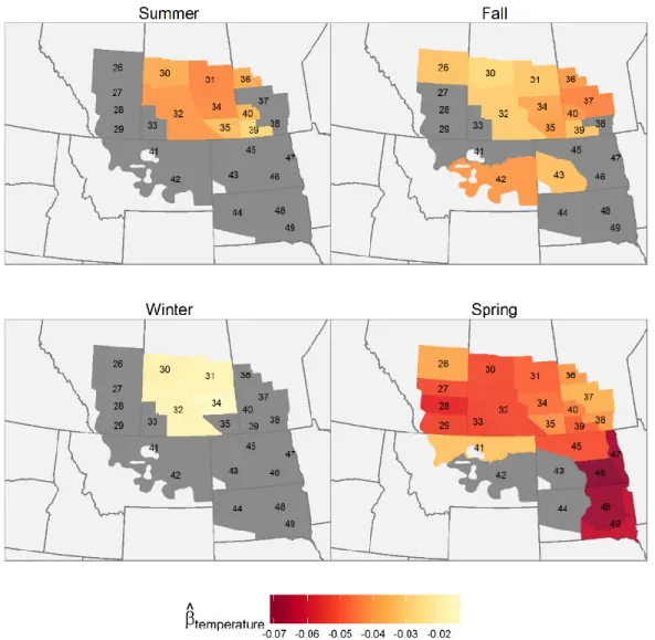 Figure 2.6 Geographical variation in the predicted effect of seasonal maximum temperature during  the previous year on pond abundance