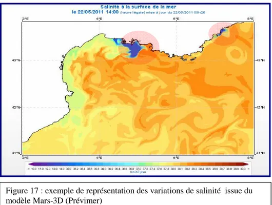 Figure 17 : exemple de représentation des variations de salinité  issue du  modèle Mars-3D (Prévimer)  