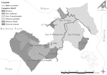Figure 2 - Carte générale du Complexe WAP (W, Arly et Pendjari)   et son emplacement en Afrique ; « ZC » signifiant Zone de Chasse