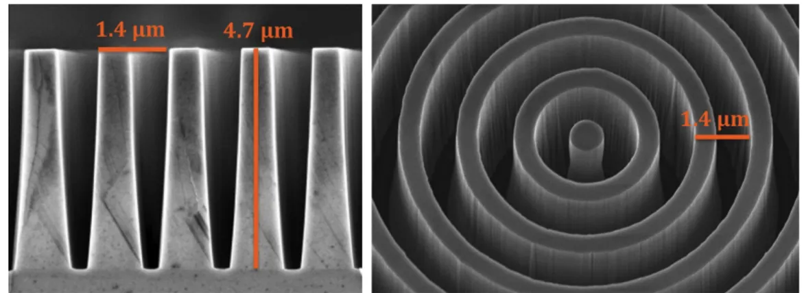 Figure 1. SEM-micrographs of a diamond AGPM dedicated to the L band. Left: Cross sectional view of the grooves on a  cracked sample