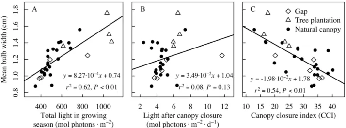 Figure 2.4 Linear response of mean bulb width versus a) total light availability during the  growing  season  and  two  light  parameters  that  influence  total  light  availability  in  the  transplant plots, i.e., b) light after canopy closure and c) th