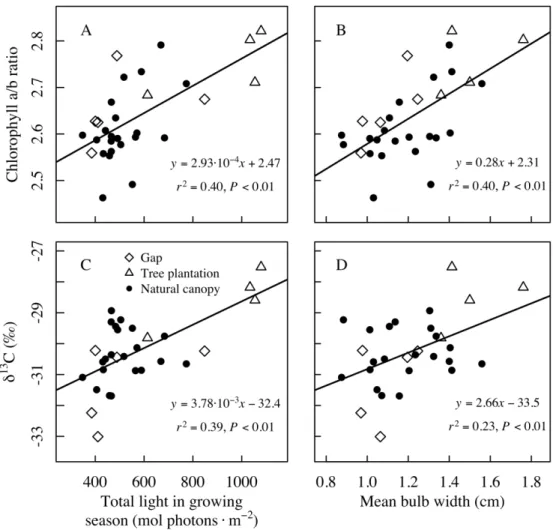 Figure 2.6 Chlorophyll a/b ratio (a, b) and stable carbon isotopic composition (δ 13 C; c, d)  exhibited  a  significant  linear  relationship  with  total  light  reaching  the  plot  during  the  growing season (a, c) and the mean bulb width (b, d)