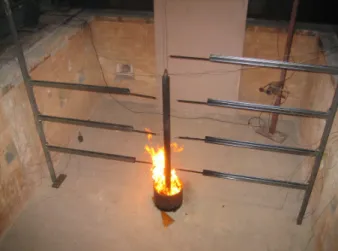 Figure 6. Instrumentation set-up used to measure temperatures at different heights of a pool fire of diameter of 300  mm which engulfs a steel circular column 1500 mm high and of diameter 60.3 mm