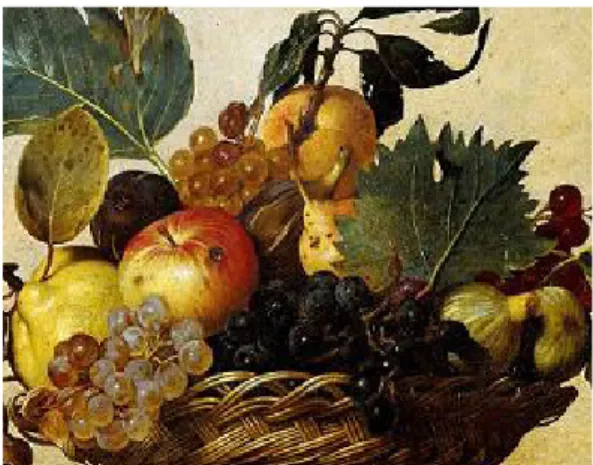 Figure 17 - Corbeille de fruits, Michelangelo  Merisi da Caravaggio, dit le Caravage (Milan,  1571-Porto Ercole,1609), vers 1593-1594 (?), Huile sur toile, 31 x 47 cm, Milan, Pinacoteca  Ambrosiana