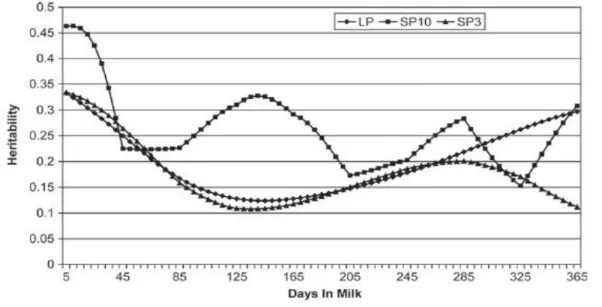 Figure  3.  Variation  of  heritability  values  over  the  first  lactation.  LP  =  Legendre  polynomials;  SP10  =  splines with 10 knots; and SP3 =linear splines with the same 10 knots reduced to 3 parameters