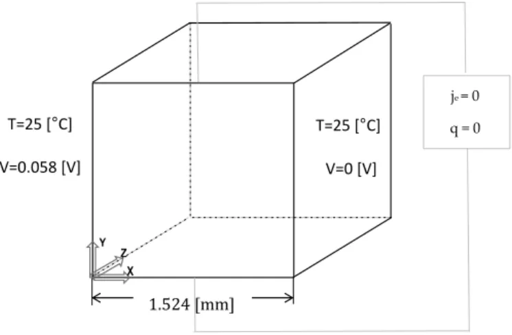 Figure 4.1: One-material Electro-Thermal problem and the boundary conditions