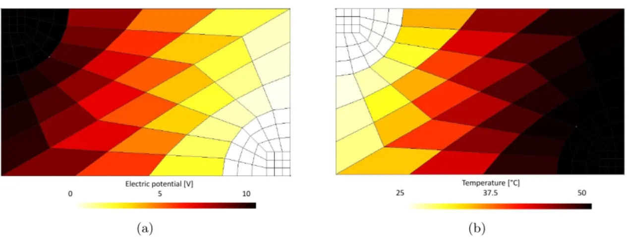 Figure 4.15: The distributions in the unit cell of (a) the electrical potential, and (b) the temperature