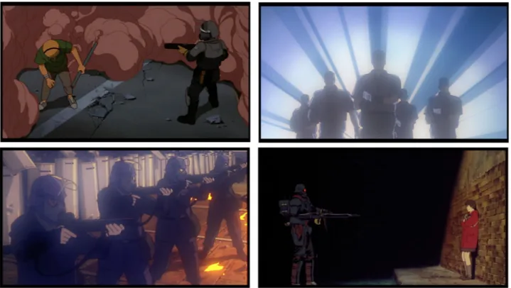 Fig 2 - Visions de l'autorité. Bande du haut : Akira. Bande du bas : Terror in Resonance.
