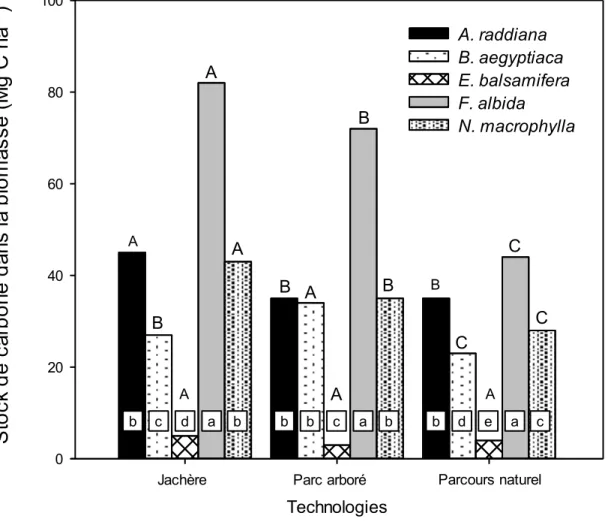 Figure 2.2 : Influence de l’interaction entre la technologie et l’espèce  pour la quantité de  carbone stockée dans la biomasse aérienne et épigée dans les sites de Gabar,  Ndiayène et  Wakhal diam