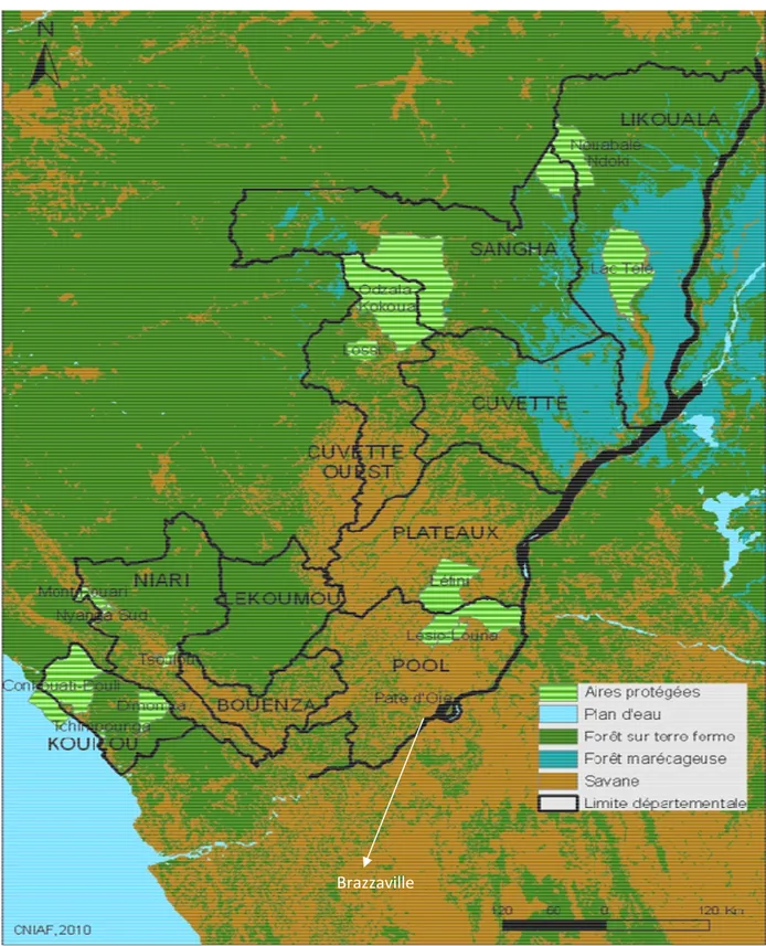Fig. 1 : Localisation de la ville de Brazzaville. Elle est située au sud du Congo, avec une  pluviométrie annuelle comprise entre 1,400 et 1,600 mm; 1 029 980 habitants y vivent sur  une surface de 17 000 ha, sur 30 km le long de la rive droite de la Riviè