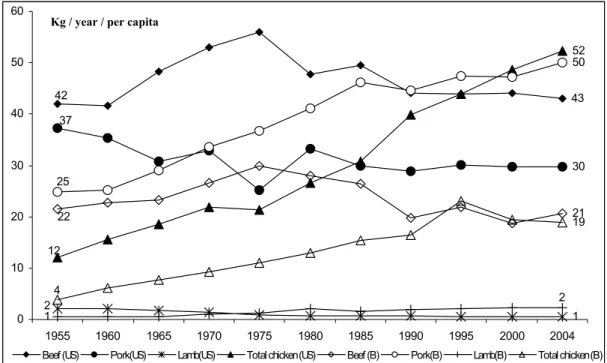 Figure 3 – Trend of meat consumption from 1955 to 2004 in Belgium and in the United States                                                   Source: Supply balances - INS-Belgium- USDA (ERS) 