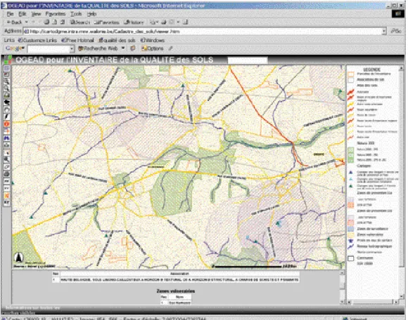 Figure 4. Copie d’écran illustrant les parcelles de l’inventaire de la qualité des sols et les contraintes environnementales (captages, zones de prévention, périmètres Natura 2000, etc.)