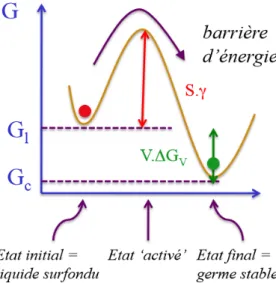 Figure 6: Schéma de l'évolution de l'énergie libre du liquide surfondu à la  formation d'un germe stable 23