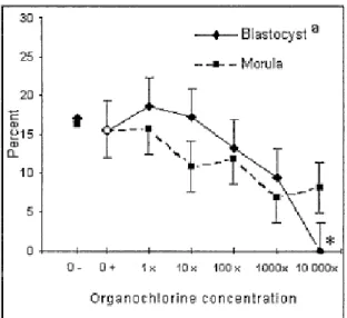 Figure 2-5.  Effects of the organochlorine mixture added to the maturation medium of  porcine oocytes on the rate of morula and blastocyst formation