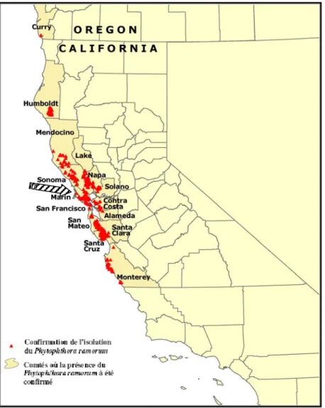 Figure 1. Distribution du Phytophthora ramorum en Californie et en Oregon le 15 février  2008