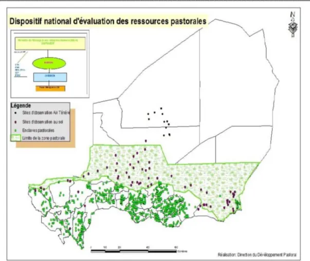 Figure 1 : Dispositif d’échantillonnage d’évaluation des ressources pastorales au Niger  En outre, depuis un certain nombre d’années, les résidus de cultures sont de moins en  moins laissés sur le champ lors de la libération de ceux-ci par les agricultures