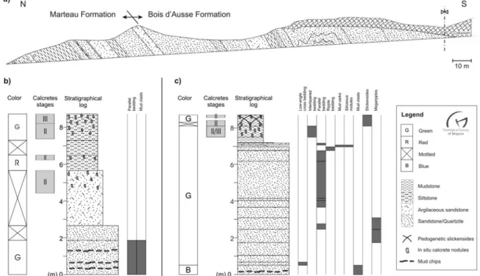 Figure 5. a) Tihange section. b) Fooz Formation type sequence. c) Bois d’Ausse Formation type sequence (Goemaere  et al