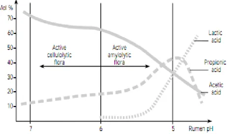 Figure 9 : Evolution de la production d'AGV dans le rumen en fonction du pH (Kaufman, Hagemeister, &amp; Durksen,  1980) 