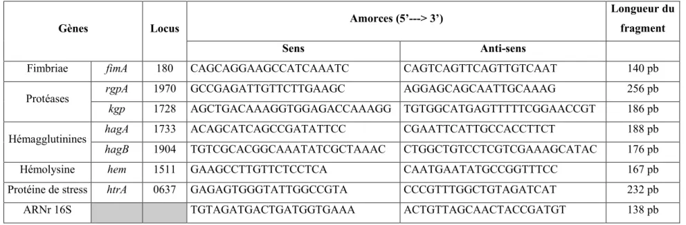 Tableau 3 : Amorces utilisées pour la quantification de l’expression des gènes chez P