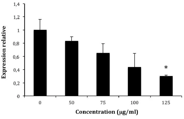 Figure 7 : Effets de concentrations croissantes d’extrait de thé vert sur l’expression du gène  codant pour l’hémolysine chez P