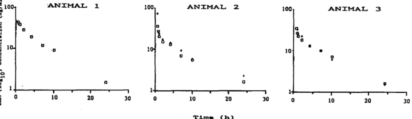 Fig. 1 : Semi-logarithmic plots of the disposition curve of dexamethasone phosphate in bovine plasma Open squares - first injection, filled diamonds - second injection