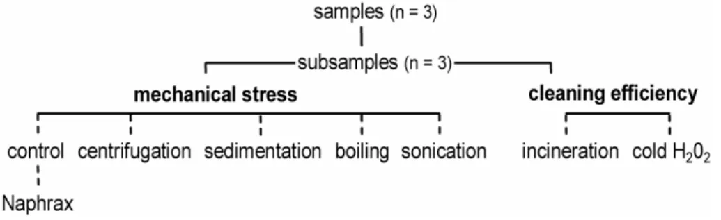 Fig. 1 Stepwise assessment of mechanical stress and cleaning efficiency   for samples of Mediterranean benthic diatoms