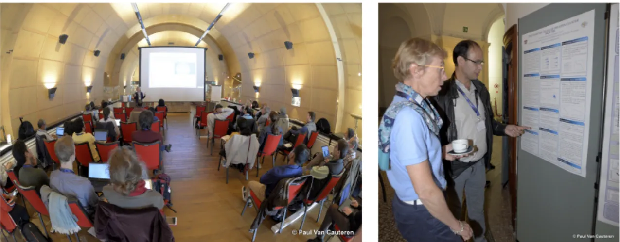 Figure 3: Pictures of an oral presentation by P. Lampens (left) and a discussion between P